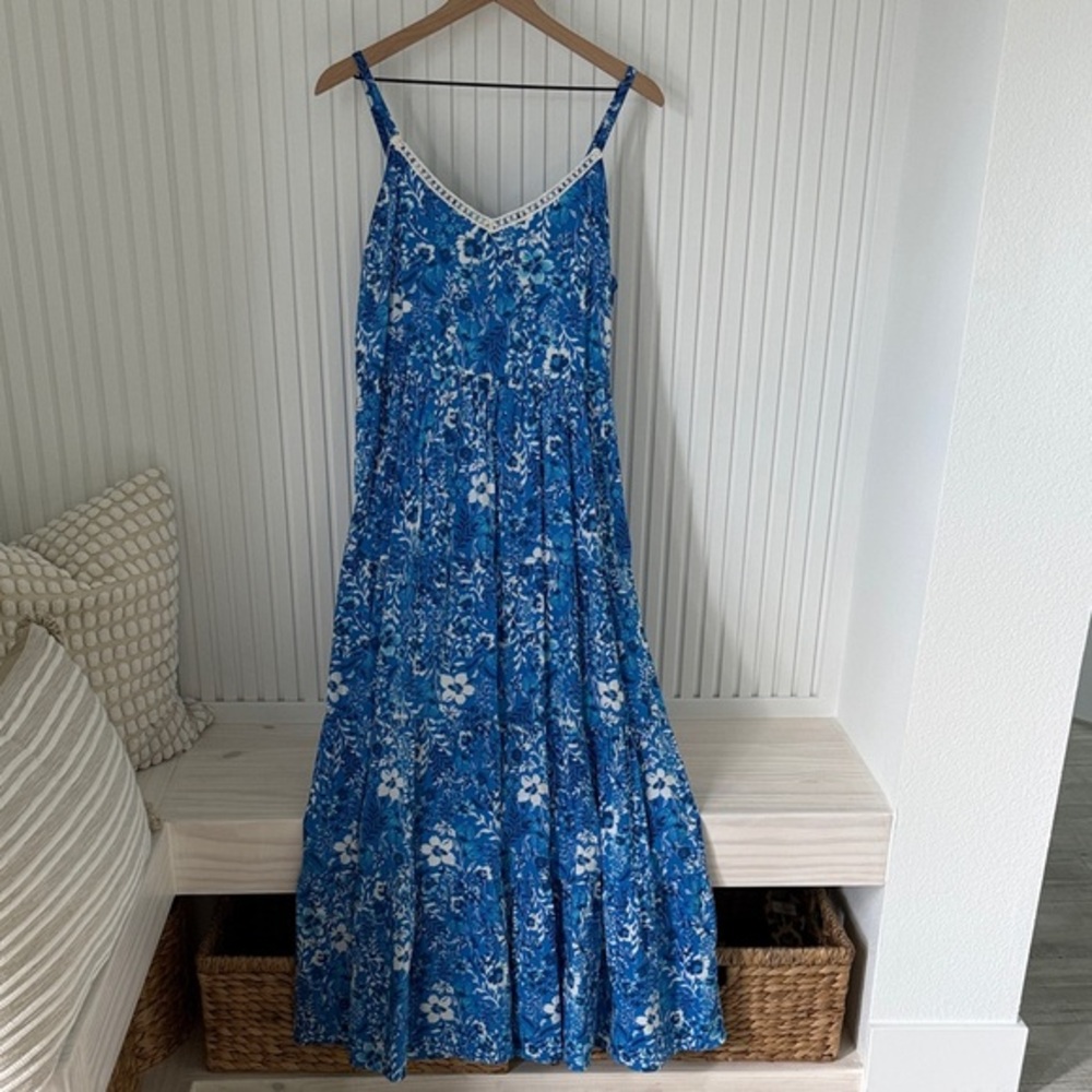Blue Floral Maxi Dress with Lace Trim